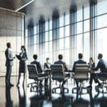 Grupo de inversores discutiendo en una sala de juntas moderna con ventanas panorámicas.