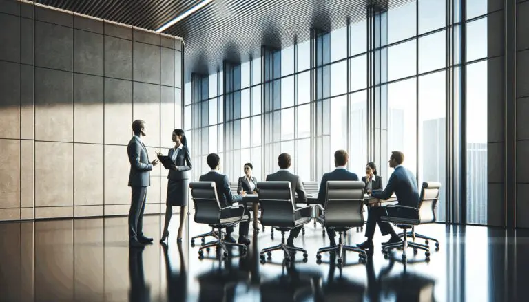 Grupo de inversores discutiendo en una sala de juntas moderna con ventanas panorámicas.