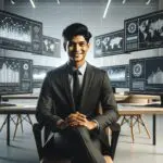 Emprendedor sentado frente a varias pantallas con gráficos y líneas de código en un entorno moderno y minimalista.