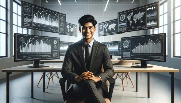 Emprendedor sentado frente a varias pantallas con gráficos y líneas de código en un entorno moderno y minimalista.