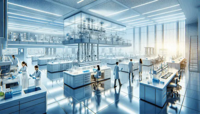 Laboratorio biotecnológico luminoso con profesionales trabajando en investigación, ambiente moderno.