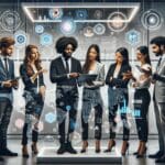 Grupo diverso de emprendedores en un stand de feria tecnológica, fondos modernos y elementos interactivos.