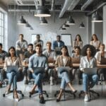 Emprendedores reunidos en un espacio moderno de coworking con laptops y pizarras digitales.