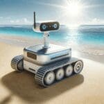 Robot autónomo operando en una playa limpia, con mar y arena en el fondo, ambiente soleado y tecnología visible.