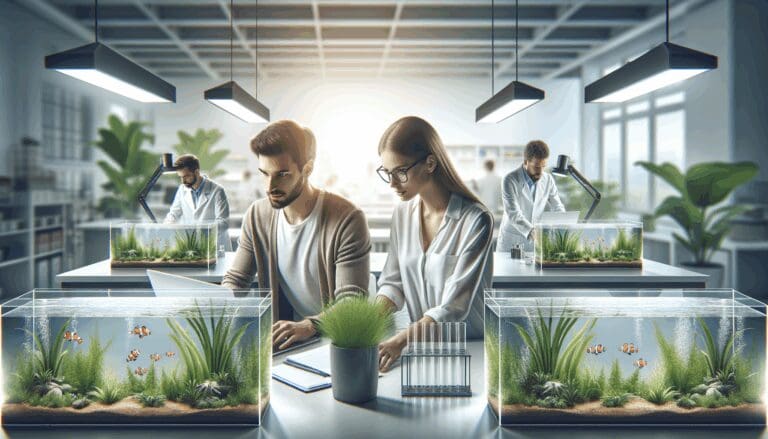 Joven equipo emprendedor en laboratorio rodeado de plantas acuáticas y tecnología moderna.