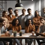 Jóvenes emprendedores discutiendo en un moderno espacio de co-working.