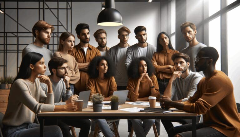 Jóvenes emprendedores discutiendo en un moderno espacio de co-working.