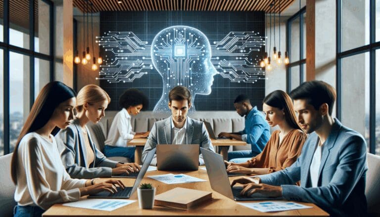 Equipo multicultural trabajando juntos en laptops con gráficos de inteligencia artificial en un espacio de coworking moderno.