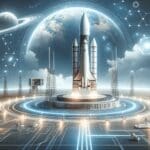 Cohete moderno en plataforma de lanzamiento, cielo despejado, ambiente tecnológico.