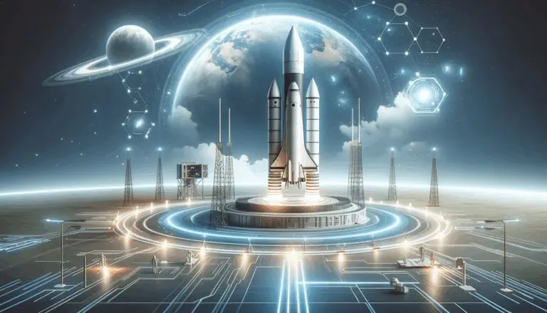 Cohete moderno en plataforma de lanzamiento, cielo despejado, ambiente tecnológico.