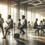 Fundadores de startups dialogando en una sala moderna de coworking con luz natural.