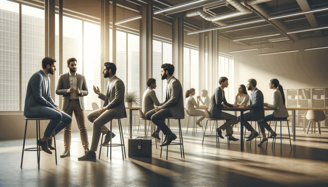 Fundadores de startups dialogando en una sala moderna de coworking con luz natural.