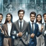 Jóvenes emprendedores celebrando en un evento corporativo con fondo tecnológico