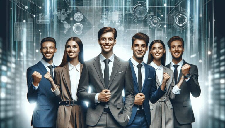 Jóvenes emprendedores celebrando en un evento corporativo con fondo tecnológico