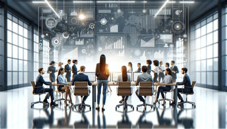 Equipo de jóvenes emprendedores colaborando en una moderna oficina con pantallas y elementos tecnológicos.