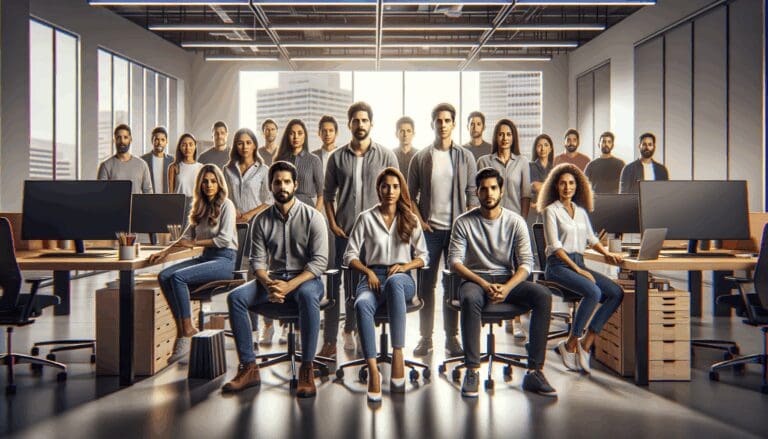 Retrato grupal de un equipo startup colombiano en un entorno de oficina moderno y tecnológico.