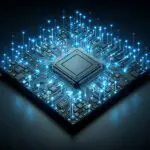Render abstracto de chips de procesadores interconectados y luces led azules sobre fondo oscuro, estilo tecnológico moderno.