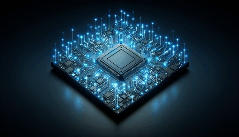 Render abstracto de chips de procesadores interconectados y luces led azules sobre fondo oscuro, estilo tecnológico moderno.