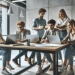 Jóvenes profesionales trabajando juntos en un espacio moderno de coworking con laptops y pizarras.