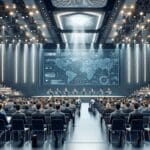 Auditorio moderno con asistentes y pantallas digitales en un evento tecnológico.