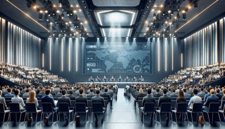 Auditorio moderno con asistentes y pantallas digitales en un evento tecnológico.