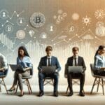 Jóvenes profesionales trabajando en laptops, gráficos financieros y símbolos de criptomonedas en fondo minimalista.