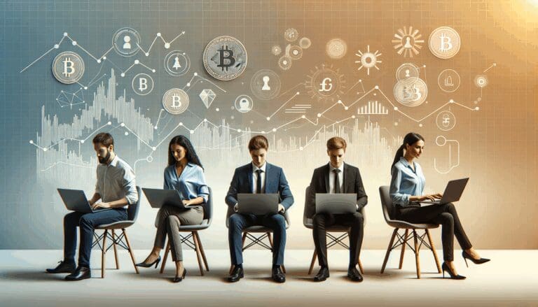 Jóvenes profesionales trabajando en laptops, gráficos financieros y símbolos de criptomonedas en fondo minimalista.