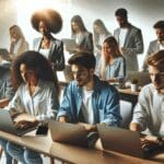 Equipo de jóvenes emprendedores trabajando en computadoras portátiles en una oficina moderna y luminosa.