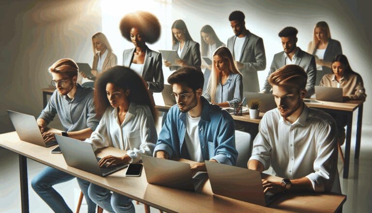 Equipo de jóvenes emprendedores trabajando en computadoras portátiles en una oficina moderna y luminosa.