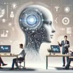 Ilustración abstracta de una inteligencia artificial interactuando con datos digitales en una oficina moderna.