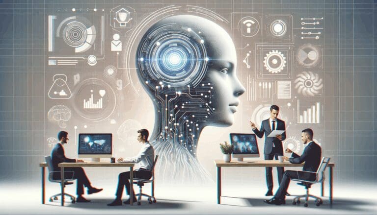 Ilustración abstracta de una inteligencia artificial interactuando con datos digitales en una oficina moderna.