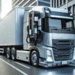 Primer plano de un camión de carga con un dispositivo tecnológico entre el tractor y el remolque, fondo urbano moderno.