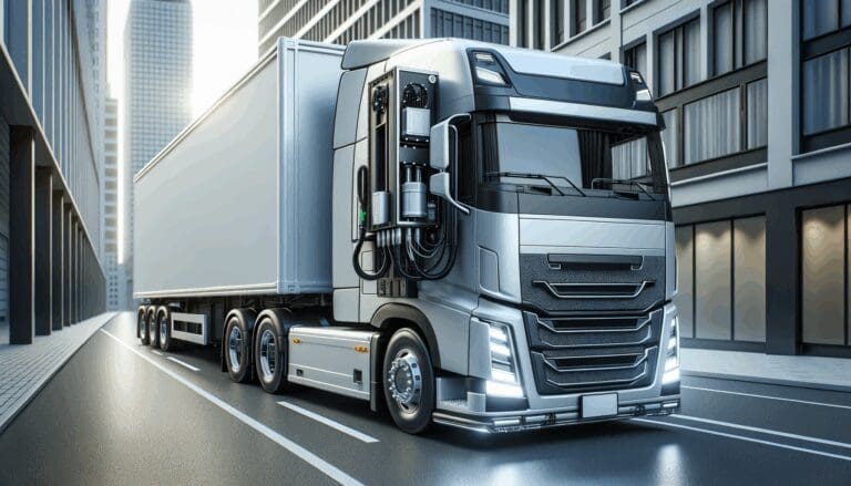 Primer plano de un camión de carga con un dispositivo tecnológico entre el tractor y el remolque, fondo urbano moderno.