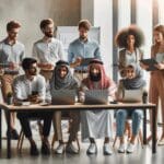 Emprendedores jóvenes colaborando en una oficina moderna con laptops y pizarras digitales.