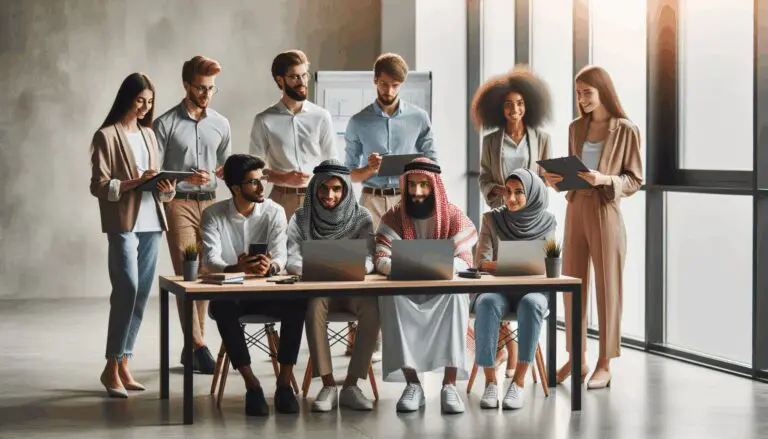 Emprendedores jóvenes colaborando en una oficina moderna con laptops y pizarras digitales.