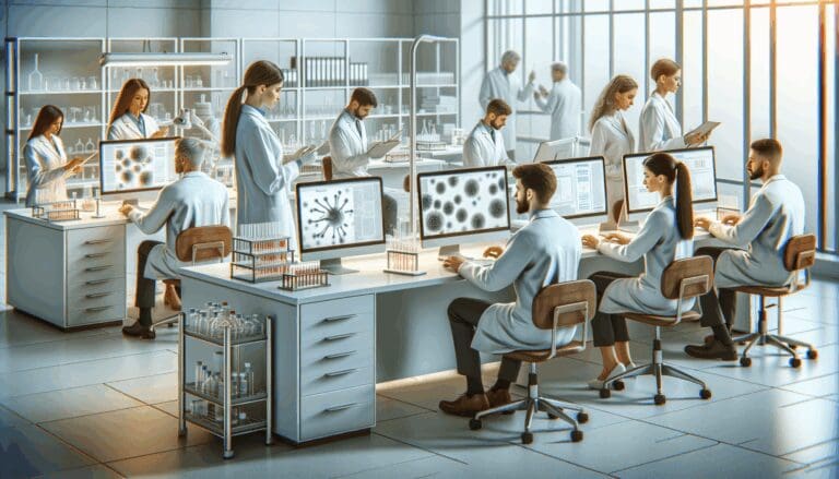 Laboratorio moderno con científicos trabajando en computadoras y muestras biotecnológicas.