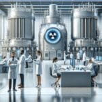 Laboratorio moderno con reactores de fusión nuclear y científicos trabajando en un entorno tecnológico.