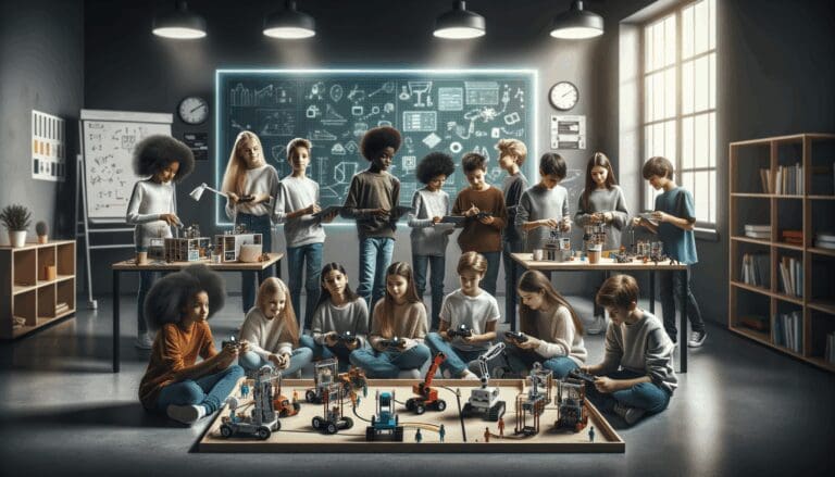 Grupo de niños y niñas experimentando con kits de robótica en un aula moderna, rodeados de pizarras digitales y modelos de proyectos.