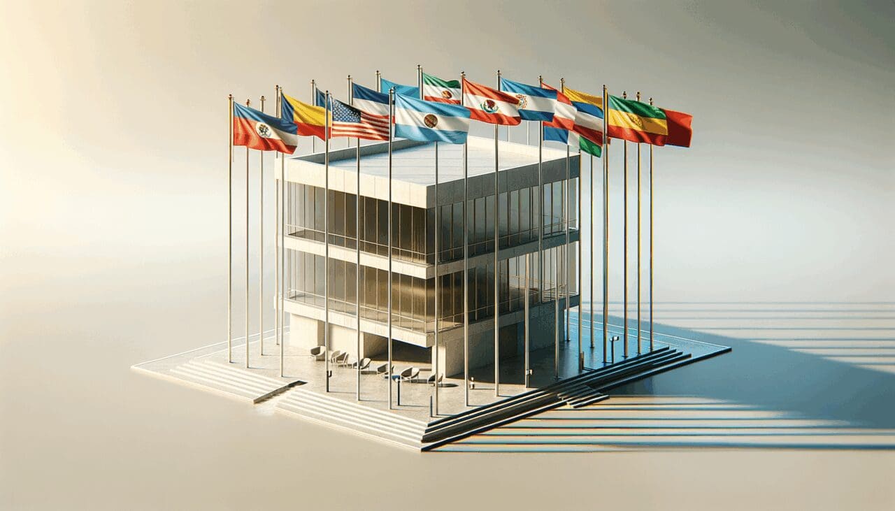 Edificio moderno con banderas de América Latina ondeando.