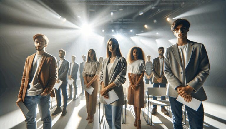 Gente joven en un evento de premiación tecnológica con ambiente moderno y luces brillantes