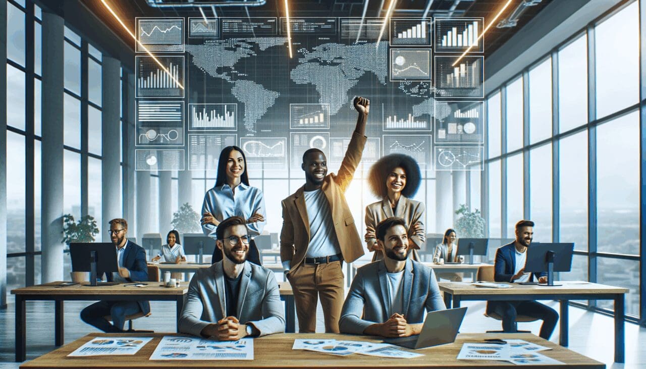 Emprendedores colaborando en un entorno de oficina moderna con pantallas digitales.