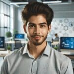 Retrato de un joven emprendedor en un espacio de coworking moderno con computadoras y pizarras digitales.