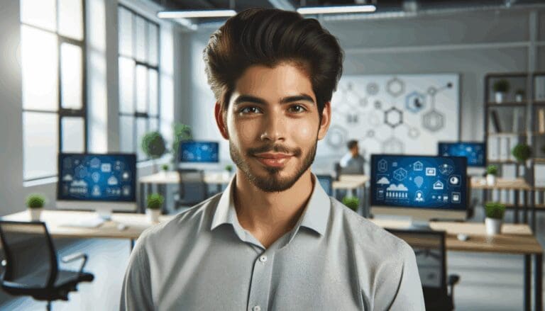 Retrato de un joven emprendedor en un espacio de coworking moderno con computadoras y pizarras digitales.