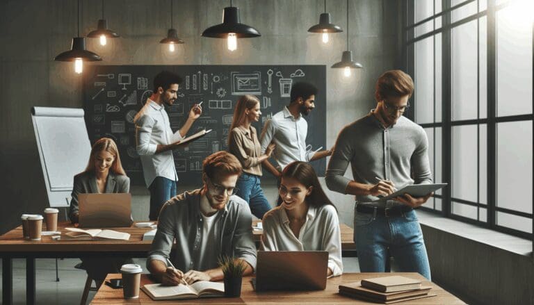 Fotografía de jóvenes emprendedores colaborando en un espacio moderno con pizarras y laptops.