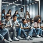 Jóvenes jugando videojuegos educativos en un entorno tecnológico moderno