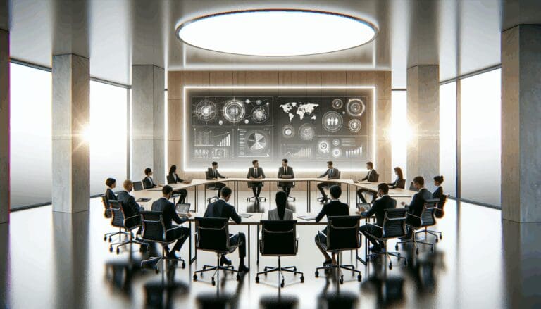 Sala de reuniones moderna con emprendedores discutiendo estrategias tecnológicas sobre pantallas digitales.