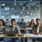 Jóvenes emprendedores trabajando frente a pantallas con gráficos y datos tecnológicos en un espacio de coworking moderno.