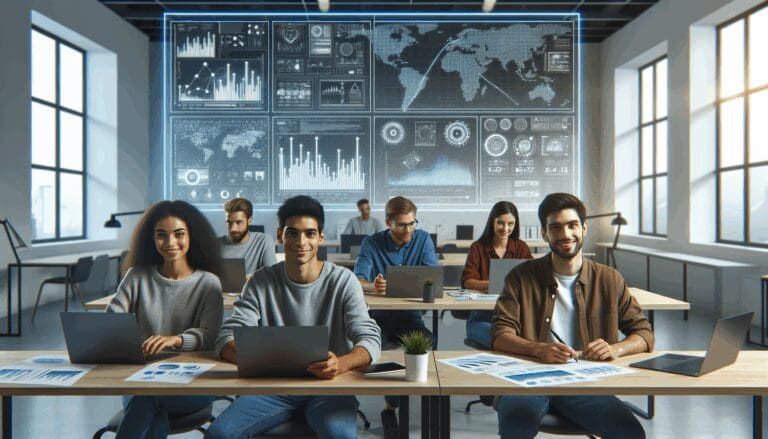 Jóvenes emprendedores trabajando frente a pantallas con gráficos y datos tecnológicos en un espacio de coworking moderno.