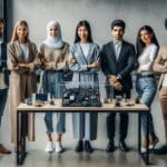 Grupo diverso de emprendedores presenta prototipos en espacio de coworking tecnológico.