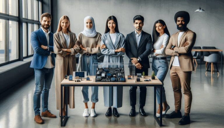 Grupo diverso de emprendedores presenta prototipos en espacio de coworking tecnológico.